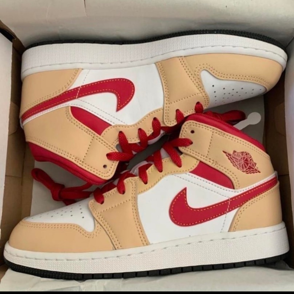 Nike Air Jordan 1 Mid Red and Tan Sneakers